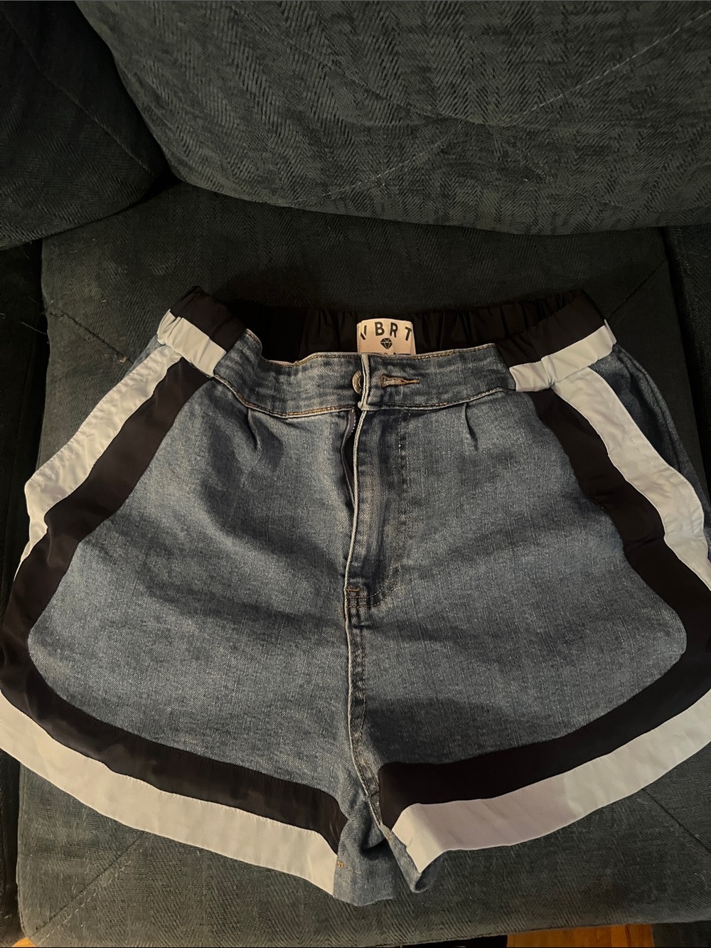 Blue Denim Jean Shorts with Black & White Sport Stripe